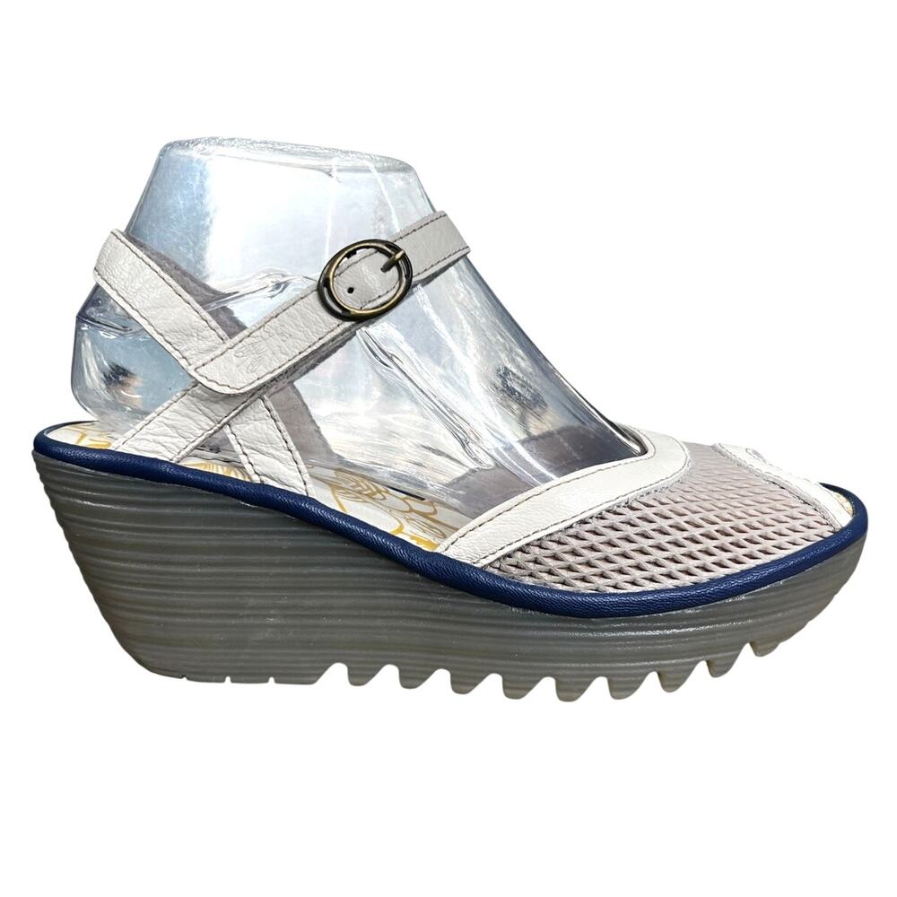 Fly London Women’s Yans190fly Cream Blue Wedge Sandal Size 38 US 7/7.5